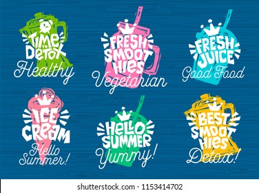 Sketch style  food lettering icons set. For badges, labels, logo, fresh market, detox, farmers market, eco shop, smoothies drinks, juice cafe, green bar. Hand drawn vector illustration.