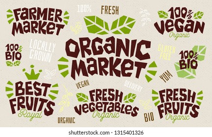 Sketch style food product lettering icons set. Badges, labels, logo, farm, farmers market, fresh food, country fair, shop, vegan, vegetarian, cafe, organic, bio, green. Hand drawn vector illustration.