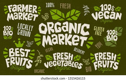 Sketch style food product lettering icons set. badges, labels, logo, farm, farmers market, fresh food, country fair, shop, vegan, vegetarian, cafe, organic, bio, green, Hand drawn vector illustration