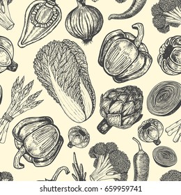Sketch style fresh vegetables. Seamless pattern with set of hand drawn elements. 