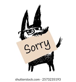 Sketch style funny dog holding a beige card with the written word "Sorry". The drawing is expressive, quirky, and conveys an apology, for card design