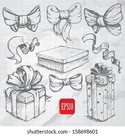 sketch style Gift boxes doodles on notebook background