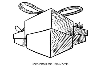 Sketch style gifts on white isolate. Stock vector illustration of boxes with bows. The concept of a holiday, surprise, win, vacation, birthday.