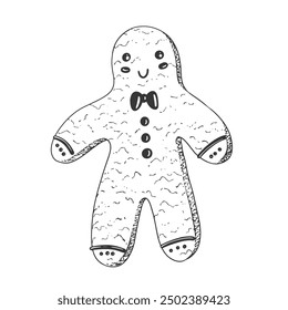 Sketch style gingerbread man isolated on white background. Engraving style Christmas cookie. Black and white dessert