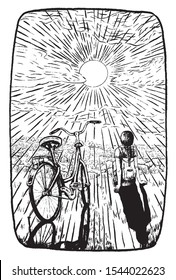 Sketch style, graphic vector illustration. A girl with a bicycle sits opposite the sunset in the village. Landscape setting sun. Childhood remembrance concept. For poster, print, postcard and etc.