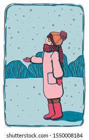 Sketch style, graphic vector illustration. A little girl walks during a snowfall. Colorful drawing isolated on white. Winter Holidays. Happy Childhood. Design for poster, print, postcard, t shirt etc.