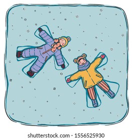 Sketch style, graphic vector illustration. A little girl and boy lie in the snow and depict angels. Colorful drawing isolated on white. Winter holidays, winter fun. Happy Childhood. Cute baby pictures