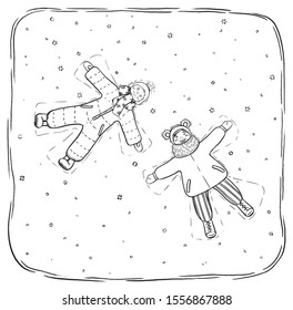 Sketch style, graphic vector illustration. A little girl and boy lie in the snow and depict angels. Outline drawing isolated on white. Winter holidays, winter fun. Happy Childhood. Cute baby pictures.