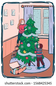 Sketch style, graphic vector illustration. Сhildren decorate the Christmas tree. Winter Holidays. Happy Childhood. Colorful drawing isolated on white. Design for poster, print, postcard, t shirt etc.