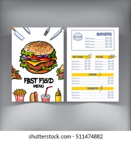 Sketch style hand drawn fast food cafe or restaurant menu template. Pizza, burger, hot dog, sandwich, French fries, knives, forks in menu, banner, leaflet, brochure layout template