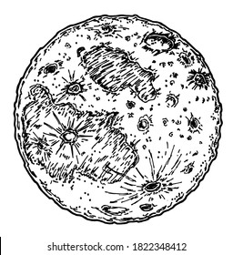 Sketch style hand drawn line art  full moon isolated. Boho style tattoo. Engraved style moon illustration for posters, decoration and print. vector illustration. Detailed vintage style drawing