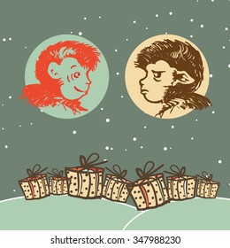 Sketch style hand drawn vector illustration of two monkeys - joyful and cheerful, and the inscription in 2016 with a gifts.  