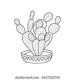 Sketch style hand-drawn line art of a house plant cactus in a handmade ceramic pot. Minimalist black outline vector illustration isolated on white background, perfect for modern decor and design