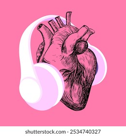 Sketch style heart with headphones. Listen to your heart. Concept of love of music 