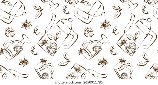 sketch style hot spiced drink repeatable background with teapot cup citrus and spice for restaurant branding and web design