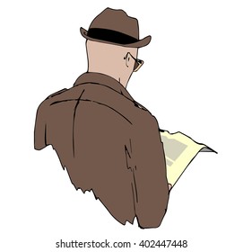Sketch style illustration . A back view of a man wearing sunglasses and pretending to read a newspaper.