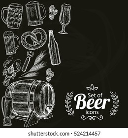 Sketch style illustration of beer  on black background. Drawing for pub or bar menu. Vector.