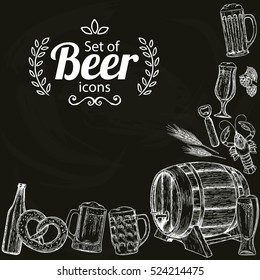 Sketch style illustration of beer on black background. Drawing for pub or bar menu. Vector.