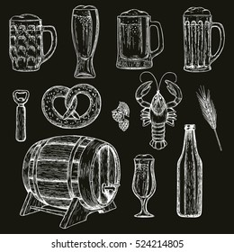 Sketch style illustration of beer on black background. Beer drawing for pub or bar menu. Vector.