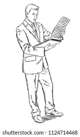 Sketch style illustration of businessman standing and reading notes from notebook