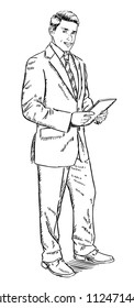 Sketch style illustration of businessman standing with computer tablet