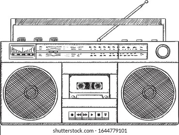 Sketch style illustration of cassette player. Hand drawn doodle vector illustration.
