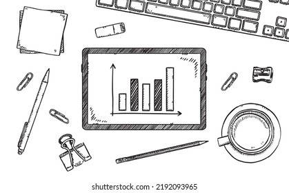 Sketch style illustration of column chart with financial growth analysis showing on tablet lying on office desk