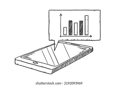 Sketch style illustration of column chart with financial growth analysis showing on cloud from mobile screen