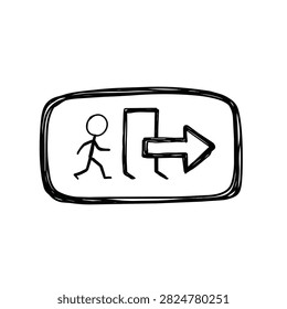 A sketch style illustration of an emergency exit sign featuring a stick figure person walking towards an open doorway with a directional arrow
