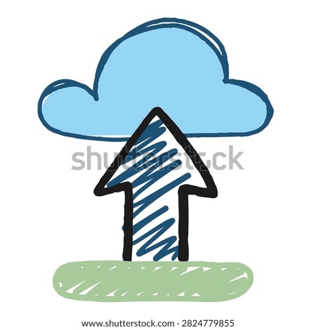 A sketch style illustration featuring a blue cloud and an upward pointing arrow representing cloud upload or data transfer.