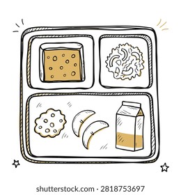 A sketch style illustration featuring a school lunch tray divided into compartments containing a main meal, a side dish, fruit slices, a cookie, and a carton of milk.