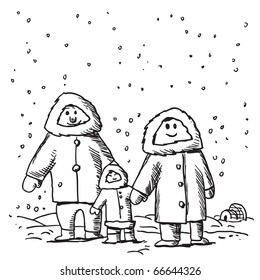 Sketch style illustration of a funny Eskimo family