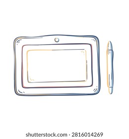 A sketch style illustration of a graphics drawing tablet and a corresponding digital pen isolated on white background