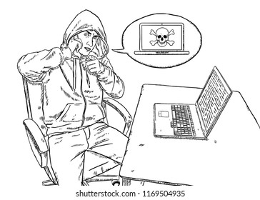 sketch style illustration of hacker talking on mobile phone and pointing at viewer