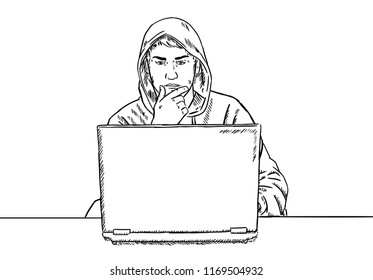 sketch style illustration of hacker thinking in front of his laptop