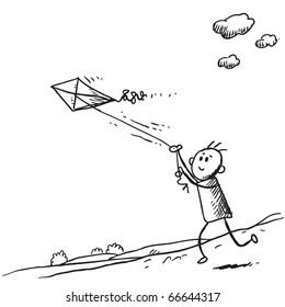 Sketch style illustration of a kid starting a kite