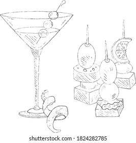 Sketch style illustration - Martini glass with olive and canapés