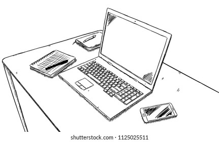 Sketch style illustration of office desk with laptop, notebooks, pen and mobile phone