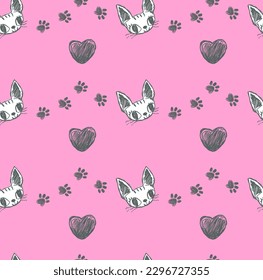 Sketch style illustration sphinx Cat seamless pattern on pink background. Kitten face drawing repeat print for fashion textile, kid clothes, wrapping paper. repeated ornament with kitten paw track.