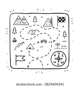 A sketch style illustration of a treasure map featuring mountains, a forest, a tent, a compass, and a winding hiking trail path on a white background