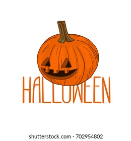 Sketch style jack-o'-lantern on white background. Hand drawn hallowed-out pumpkin. 