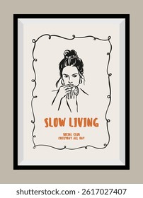 Sketch style La Dolce Vita illustrations with an aesthetic quote in a poster frame. Female silhouette.