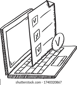 Sketch style laptop and survey with correct and one incorrect marked answers.
Black and white illustration on transparent background.