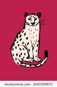 Sketch Style Leopard on Dark Red, Burgundy Background. Hand Drawn Vector illustration. Leopard in Thick Black Lines Sitting on a Red Background. Modern art. contemporary illustration.