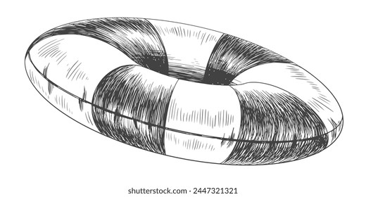 Sketch style lifebuoy. Black and white hand drawn beach inflatable ring. Engraved swim ring isolated on white background