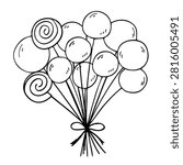 A sketch style line art drawing showing a bunch of round balloons and two spiral lollipops tied together with a bow