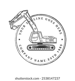 Sketch Style Logo depicting Excavator in Vintage design. Suitable for Construction business.