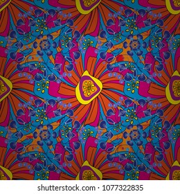 Sketch style magenta, blue and orange color flowers repeatable motif. Hand drawn vector floral seamless pattern for surface design, wrapping paper, fabric, background.