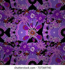 Sketch style magenta, violet and black color flowers repeatable motif. Hand drawn vector floral seamless pattern for surface design, wrapping paper, fabric, background.