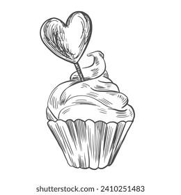 Sketch style muffin with heart shaped candy. Line art sweets. Cupcake with cream on top. Valentines day design element. Engraving style muffin
